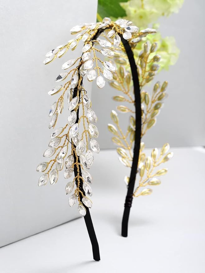 Vogue Hair Accessories Metal Handmade Crystal Leaf Fancy Party Hairband Headband for Women (Silver Handmade)