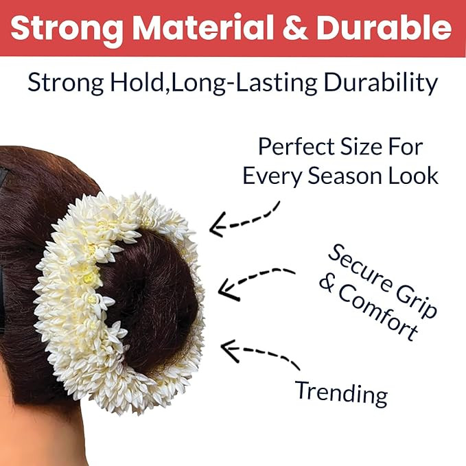 Temperia (2 Pcs) Scented Mogra Gajra Hair Accessories For Women & Girls - Hair Flower Bun Artificial Fake Gajra Scrunchies Rubber Band - Premium & Voluminous, White