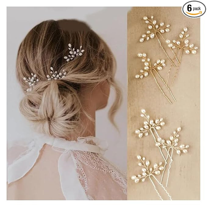 Inframe Diamond Pearl Hair Pins for Women & Girls (Set of 6) | Bridal Juda Bun Pins for Wedding, Party & Festive Hair Styling | Fancy Juda Accessories for Long Hair (Golden White)