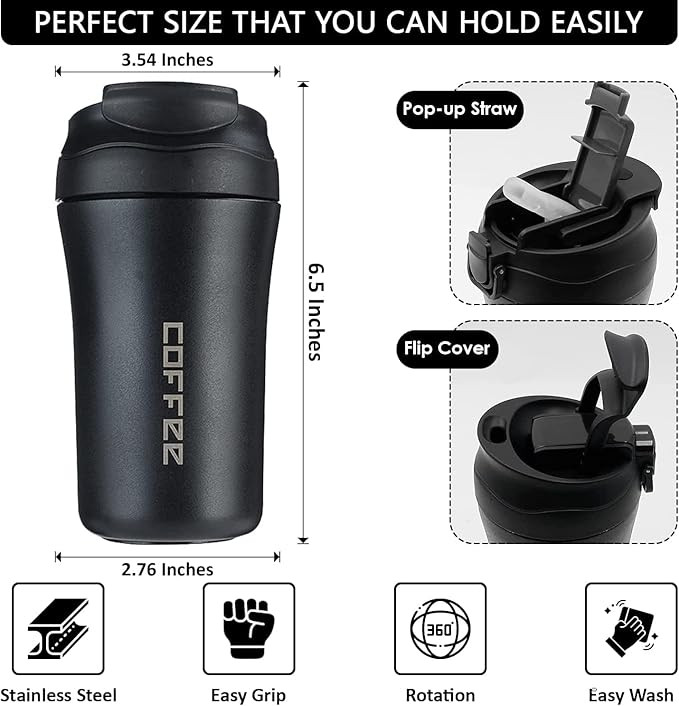Travel Mug, Insulated Coffee Cup with Leakproof Lid,Vacuum Insulation Stainless Steel Reusable for Hot Cold Coffee, Non-Slip Protective Cover, (Matte Black, 400 Ml)