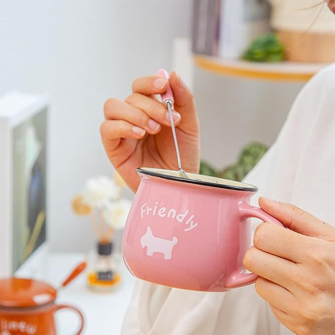 Spooky Ceramic Coffee Mug 350ml – Retro Big Belly Glazed Cup with Handle – Vintage Ceramic Milk, Tea & Breakfast Cup – Gift for Office, Home, or Special (Pink)