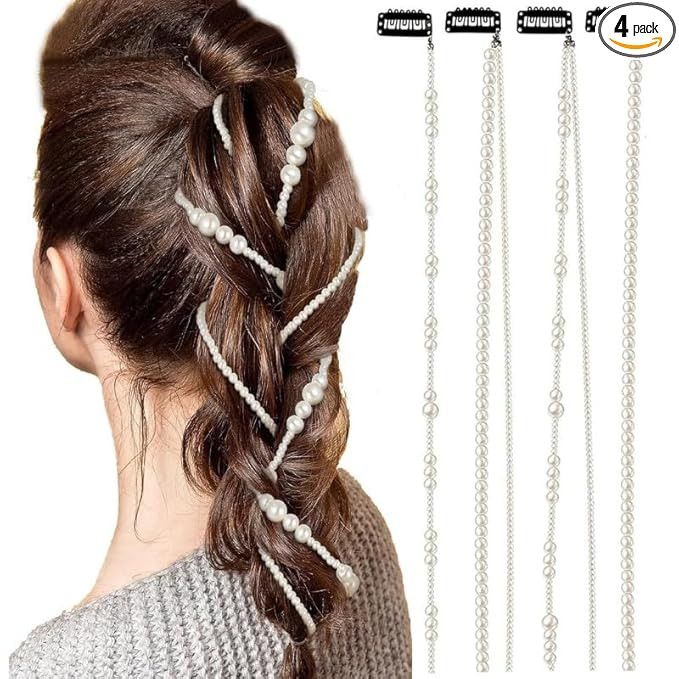 BELICIA 4 Pcs Premium Faux Pearls Hair Accessories Hand-made Imitation Pearl Hair Chains Hair Clip Wedding Artificial String of Pearls for Braids for Women,Pack of 4