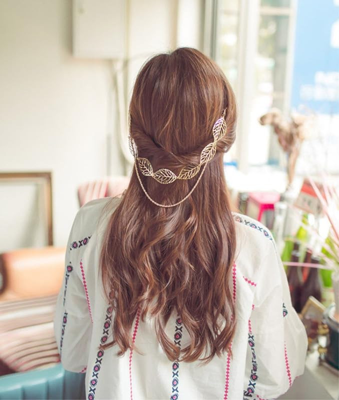 2pcs Premium Fashion Ladies Hollow Out Leaves Gold Chain Alligator Clips Barrettes Bobby Pin Hair Clips Bride Headwear Edge Clip Clamps Headbands
