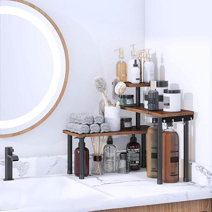ABJA Stylish Wooden Rack for Kitchen Storage, Corner Shelf for Kitchen, Organizer Rack, 3 Tier Spice, Oil Stand, Tabletop Adjustable Rack for Makeup, Office (Rustic Brown, 3 Tier)