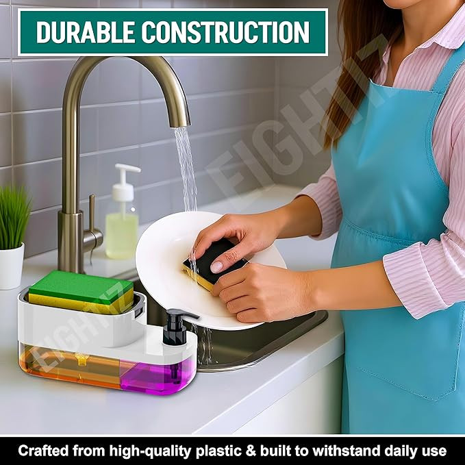 SWAPKART ABS Plastic 3 in 1 Soap Pump Dispenser Dish Soap Liquid Dispenser Sponge Holder Dish Soap Dispenser for Kitchen Sink Countertop Kitchen Bathroom (Multi-Color,Pack of 1)