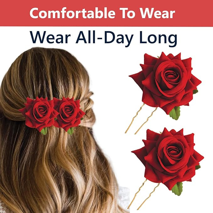 TEMPERIA (2pcs) Hair Accessories For Women & Girls - Stylish Red Rose Artificial Flowers Bun Juda U Pins & Clips for Style & Decoration - Bridal Brooch & Braid for Hairstyle of Bride, Wedding & Party