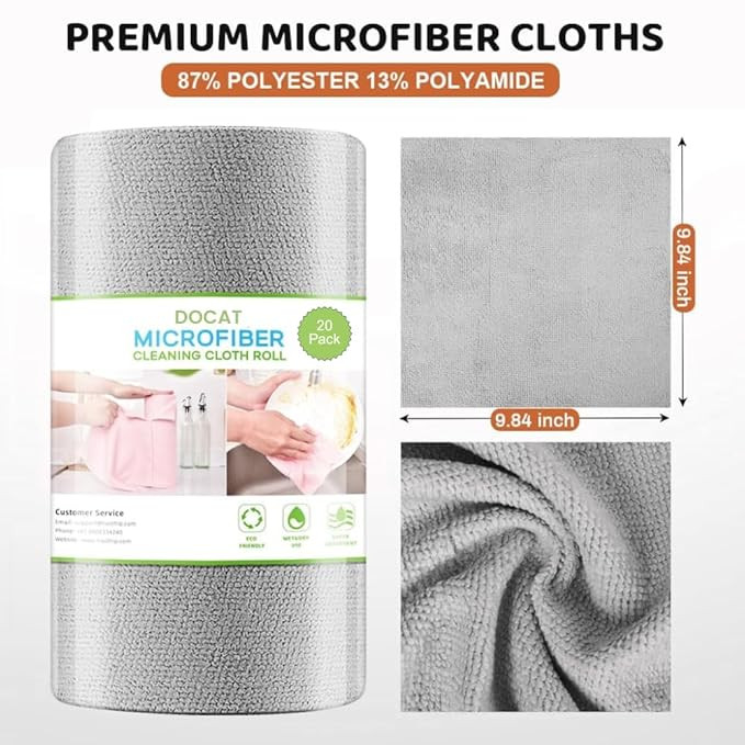 DOCAT Microfiber Cleaning Cloth Roll 25x25 cm, Reusable and Washable Tear-Away Kitchen Towel Roll, Very Soft Cleaning Cloths for Home, Kitchen, Office, Electronics, Car Cleaning (Grey, 20 Pack)