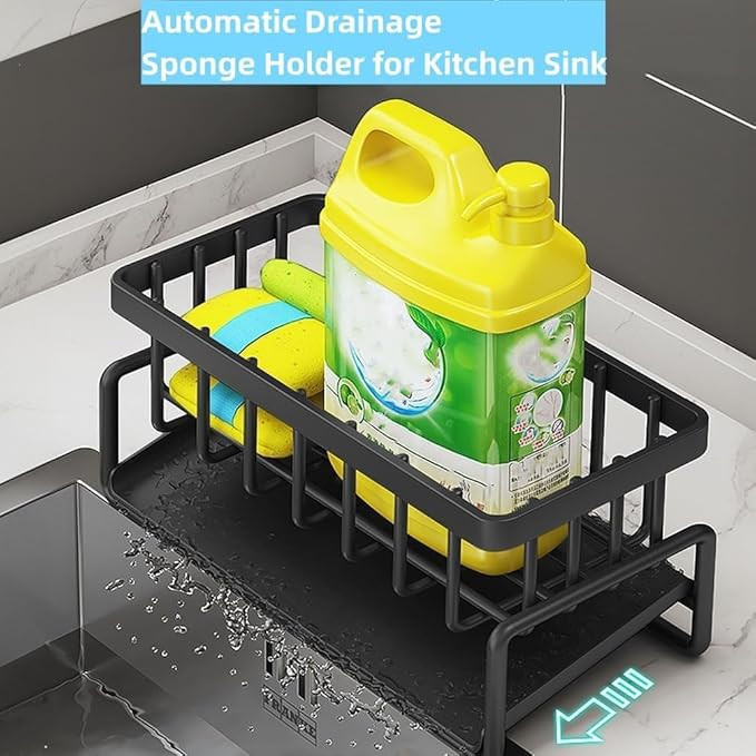 BELOXY Metal Sponge Holder for Kitchen Sink – Auto-Draining Sink Organizer Caddy with Soap Tray, Dish Brush & Towel-Bar Holder, Kitchen Storage Rack (BLACK-2)599
