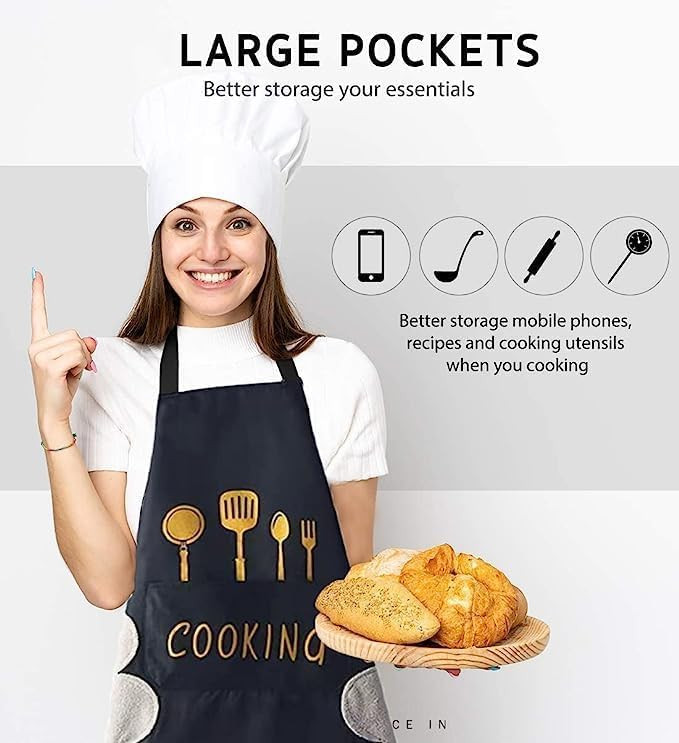 DOCAT Apron for Kitchen Cooking Waterproof Apron for Women Men with Pockets and Side Coral Velvet for Wiping Hands Towel Grill Cooking BBQ Kitchen Accessories items for Home