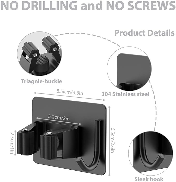 JIALTO 2 Pieces Stainless Steel Broom Holder with Hook - Wall-Mounted Adhesive Waterproof Rustproof Heavy Duty Broom and Mop Stick Holder for Home, Kitchen