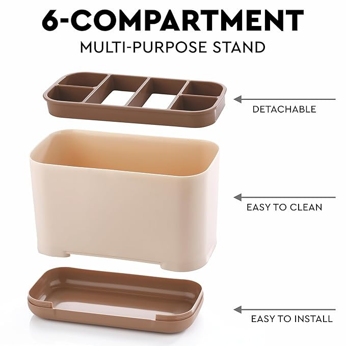 6-Compartment Kitchen Organizer Rack for Cutlery, Tools, Cosmetic, Desk, Stationery, and Sink Brushes – Toothbrush Storage Caddy Kitchen Accessories Items for Home (Ivory)