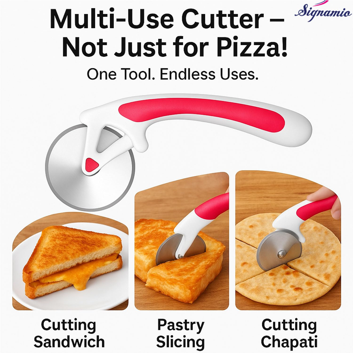 SIGNAMIO® Premium Pizza Cutter and Sandwich Slicer - Pink, Ergonomic Non-Slip Handle, Stainless Steel Pizza Wheel for Kitchen, Ideal Roti, Paratha, Chapati, Brownie & Slice Cutter