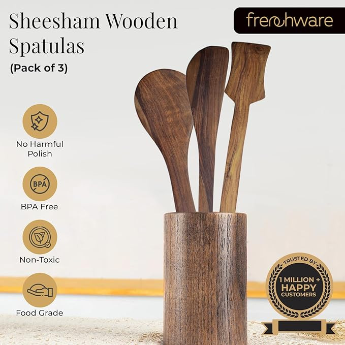 Frenchware (Set of 3, Brown) Pure Sheesham Wood Spoons and Spatula for Non Stick Cookware Used for Cooking, Baking & Mixing, Seamless Design