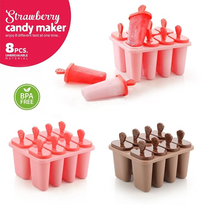 Clazkit Set of 8 Plastic Reusable Strawberry Ice Pop Makers, Homemade Popsicle/Frozen Ice Cream/Kulfi Candy for Children & Adults - Multicolor,15.8X11X8 Cm