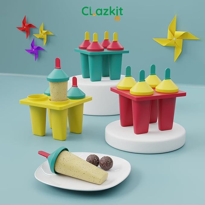 Clazkit Plastic 4 Cavity Reusable Ice Pop Makers, Homemade Popsicle/Frozen Ice Cream/Kulfi Candy for Children & Adults Set of 1 - Multicolor, 11L x 11W x 15H cm