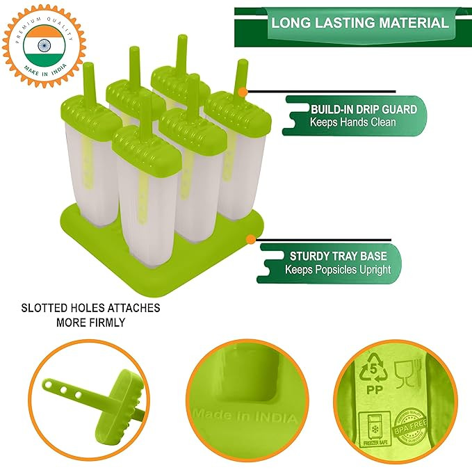 KARP Set Of 6 Plastic Reusable Ice Pop Makers - Homemade Popsicle Frozen Ice Cream Moulds Tray - Kulfi Candy Ice Lolly Mold For Children & Adults - Green Color, 16.5 x 15 x 14.5 Centimeters