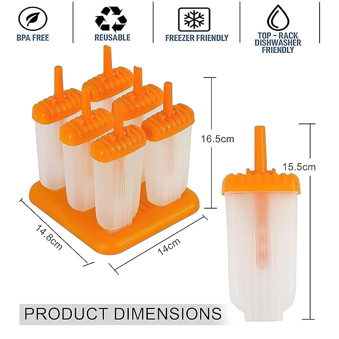 Storite Set of 6 Plastic Reusable Ice Pop Makers, Homemade Popsicle/Frozen Ice Cream Moulds Tray/Kulfi Candy Ice Lolly Mold for Children & Adults (Orange), 14.8L x 14W x 16.5H cm