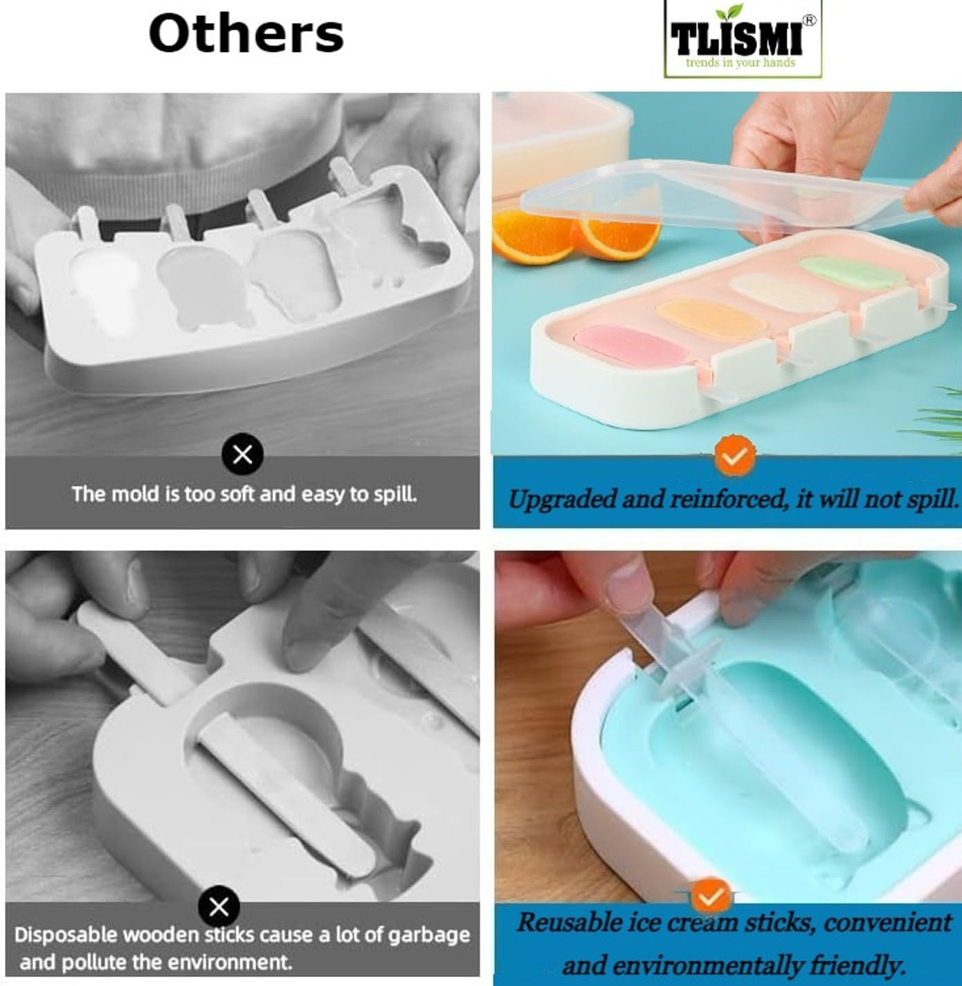 Cute Fruit Theme Non-Stick Silicone Ice Cream Molds with 6 Reusable Sticks, BPA Free, Easy Release, DIY Cartoon Shapes Kulfi, Popsicle Moulds Ice Cream Pop Maker for Kids & Adults Multicolor