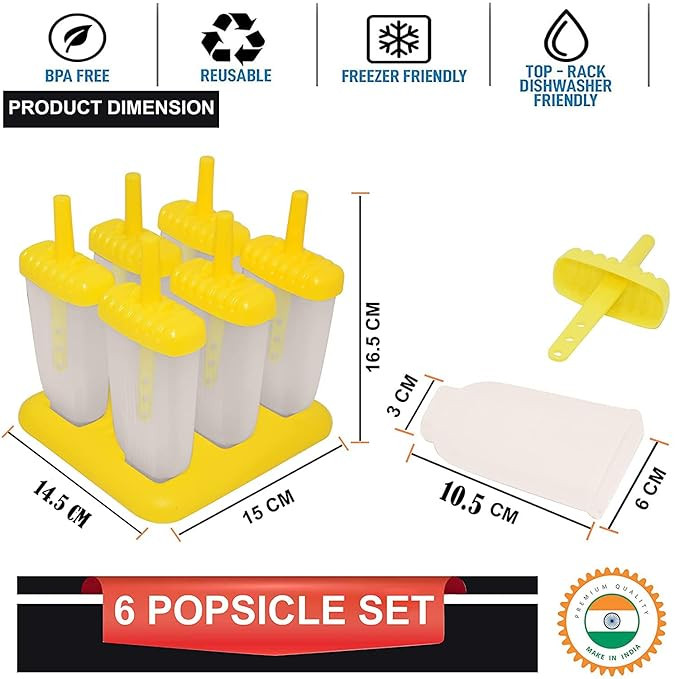 Shuban Great Enjoy Summer Food Grade Plastic Popsicle Mold - BPA-Free, Homemade Ice Pop Maker, Reusable, Easy Release Candy & Kulfi Mould - Yellow (1 Pack)