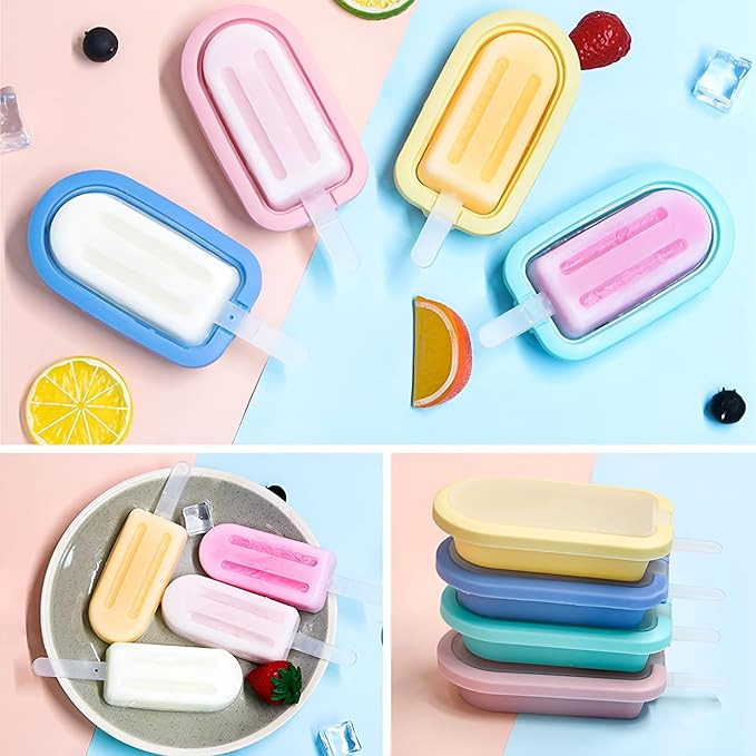 ZRINIX Silicone Popsicle Moulds – Set of 4 | Reusable Kulfi & Ice Cream Moulds with Sticks | Pastel-Coloured Silicone Ice Lolly Mould for Kids & Adults