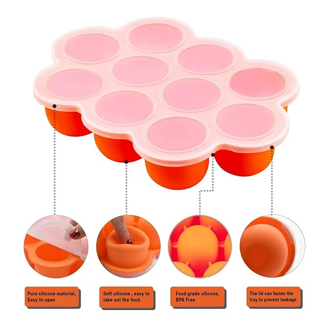 HUNGYAN Mini Silicone Popsicle Mold, 10-cavity DIY Ice Pop Mold with lid, Popsicle Makers for Egg Bites, Lollipop and Ice Cream Mould, Baby Food Storage Container, Non-Stick Ice Cube Tray -1pc,Orange.