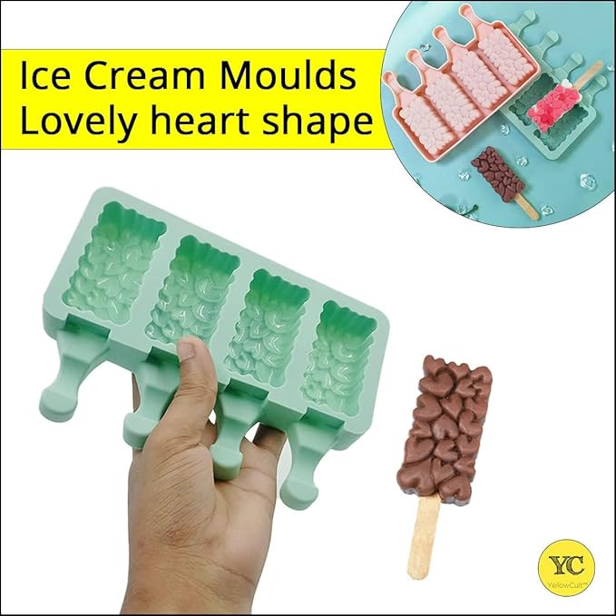 YellowCult Silicone Popsicle Mold Perfect for Kids & Adults 4 Cavity Hearts Shape Ice Cream Maker Mould Easy Release Homemade Frozen Treats Yogurt Bars DIY Fruit Popsicles at Home Without Sticks