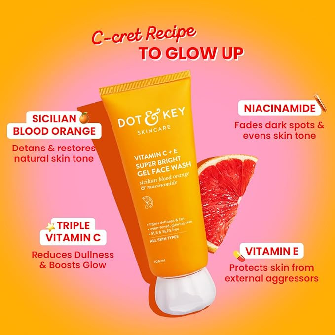 DOT & KEY Vitamin C + E Super Bright Gel Face Wash For Glowing And Brightening Skin | All Skin Types|With Triple Vitamin C| Face Wash For Women & Men|100 Ml