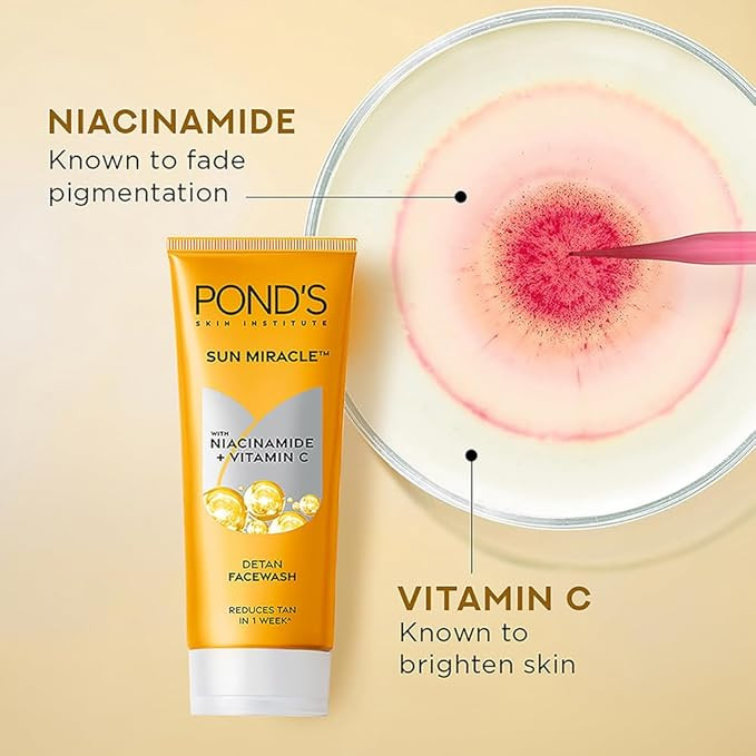 Pond's Detan Face Wash for Tan Removal in Just 7 Days | Contains Vitamin C and Niacinamide | Facewash for All Skin Types, 100gm