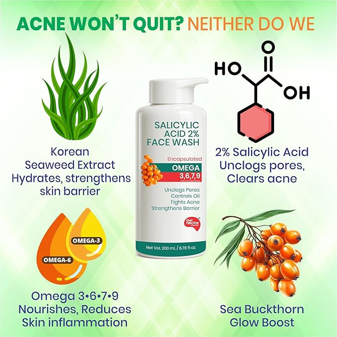 Korean Glow Essence Face Wash for Oily & Acne-Prone Skin | 2% Salicylic Acid | Encapsulated | Omega 3,6,7,9 | Unclogs Pores, Controls Oil, Fights Acne, Soothes Redness 200ml