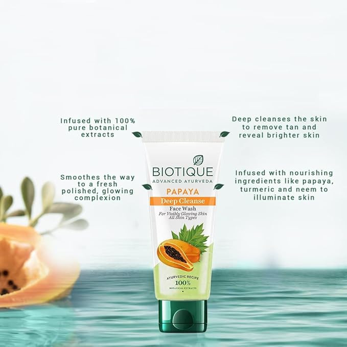 Biotique Papaya Deep Cleanse Face Wash | Gentle Exfoliation | Visibly Glowing Skin | 100% Botanical Extracts| Suitable for All Skin Types | 2x100ml