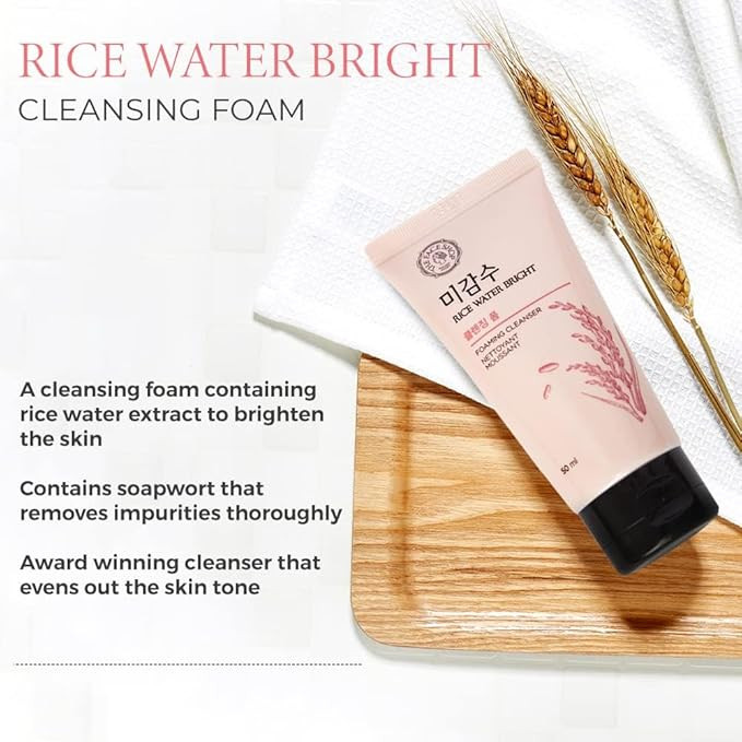 The Face Shop Rice Water Bright Foaming Face Wash 50ml, Face Wash for Glowing Skin, Cleanser for Uneven Skin Tone, Korean Skin Care Products, Face Wash For Oily skin