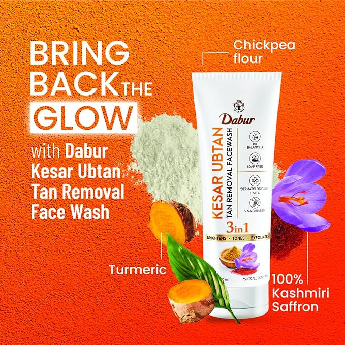 DABUR Kesar Ubtan Face Wash-100ml | Enriched with Natural Turmeric, Niacinamide & Saffron to Brighten, Tone and gently Exfoliate Skin | For Removing Tan, Dark Spots, Dirt & Impurities