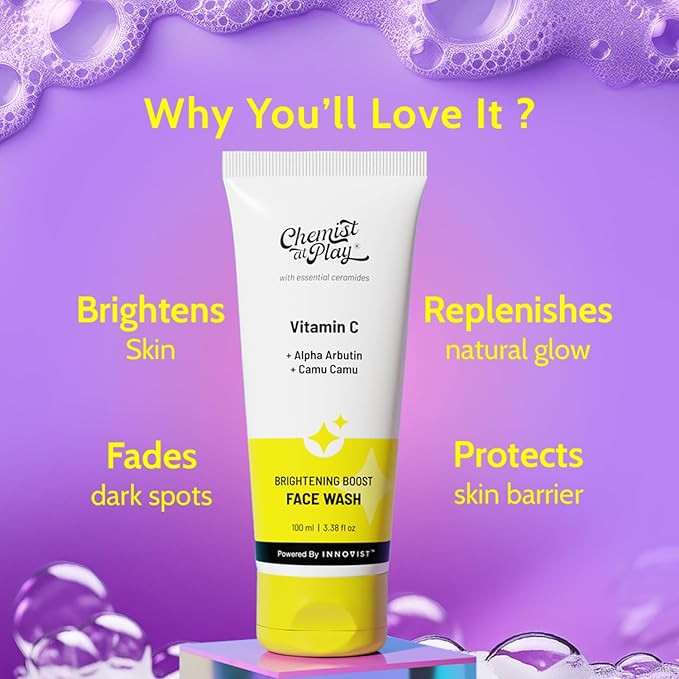 Chemist at Play Brightening Boost Face Wash with 30x Vitamin C | Cleans Oil & Dirt | Fades Dark Spots | Boosts Radiance | For All Skin Types | For Men & Women | Vegan | SLS & Paraben Free | 100 ml