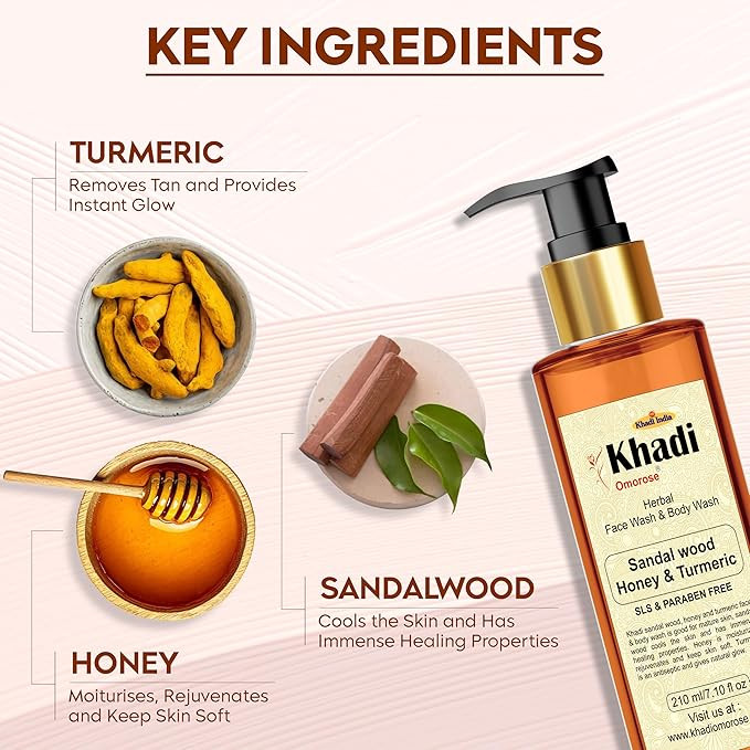 Khadi Omorose Sandalwood Honey Turmeric Face & Body wash-210 ml | For Glowing & Radiant skin
