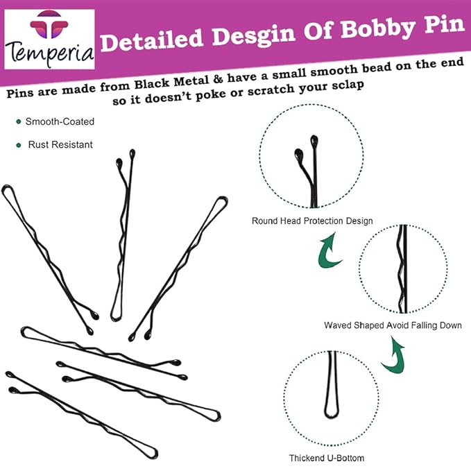 Temperia Bobby Hair Pins for Women & Girls (Pack of 100) (With Storage Box) (6cm Long) | Stylish Bob Hairpins for Hairstyling | Hair Styling Accessories Clips (Black)