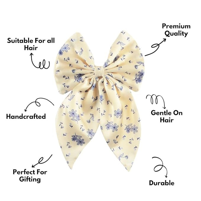 Radhu & Kabby Bow Clip With Floral Ribbon | Suits Every Hair Type | Comfortable Accessories | Anti-Hair Breakage Hairclips | Fancy & Stylish | Pack Of 1 | Same As Pic