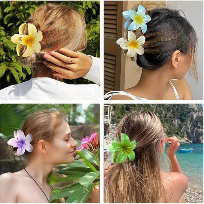 Cerrito 6 Pcs Flower Hair Claw Clips – Hawaiian Plumeria, Large NonSlip Clutchers for Hair, Strong Hold Hair Accessories For Thick or Thin Hair, Beach