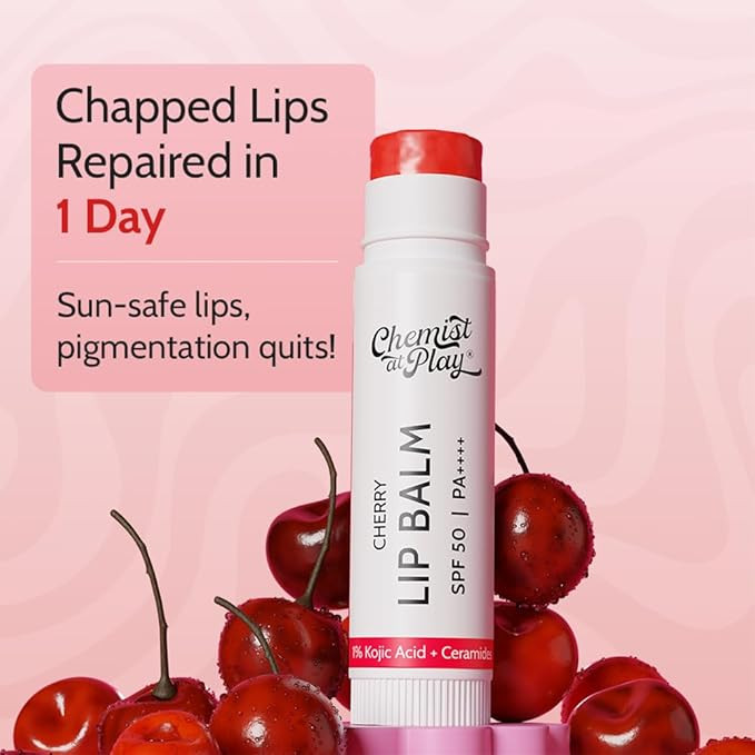 Chemist At Play's Cherry Lip Balm| Repairs Chapped Lips Brightens Dark Lips | 1% Kojic Acid| SPF 50 PA++++| For men and women| 4.5gm