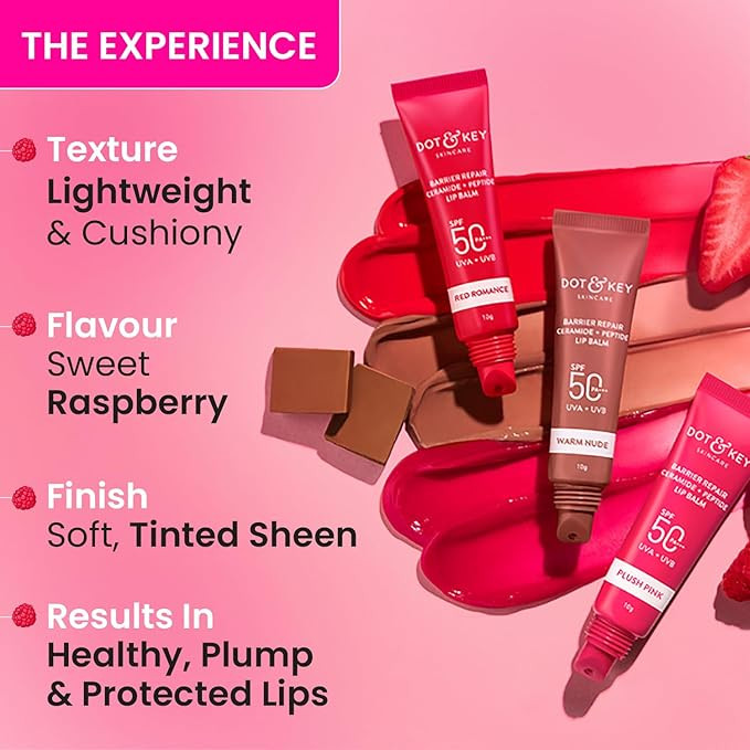 DOT & KEY Ceramide & Peptide Barrier Repair Lip Balm Spf 50, Pa+++ |Plush Pink|Uva/Uvb Lip Protection|Soft Tinted Lip Moisturizer|Prevents Pigmentation|Lip Balm For Women|10Gm, Normal