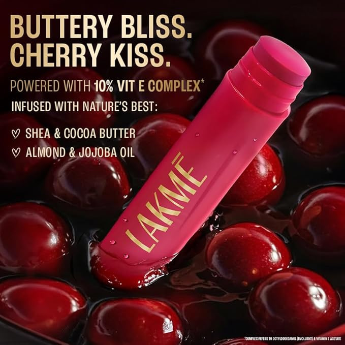 Lakme Lip Love Care Stick Cherry, with 10% Vitamin E Complex, nourished with Shea & Cocoa Butter and enriched with Almond & Jojoba Oil for 24hr moisturization in just 1 swipe, with SPF 15, 4.5g