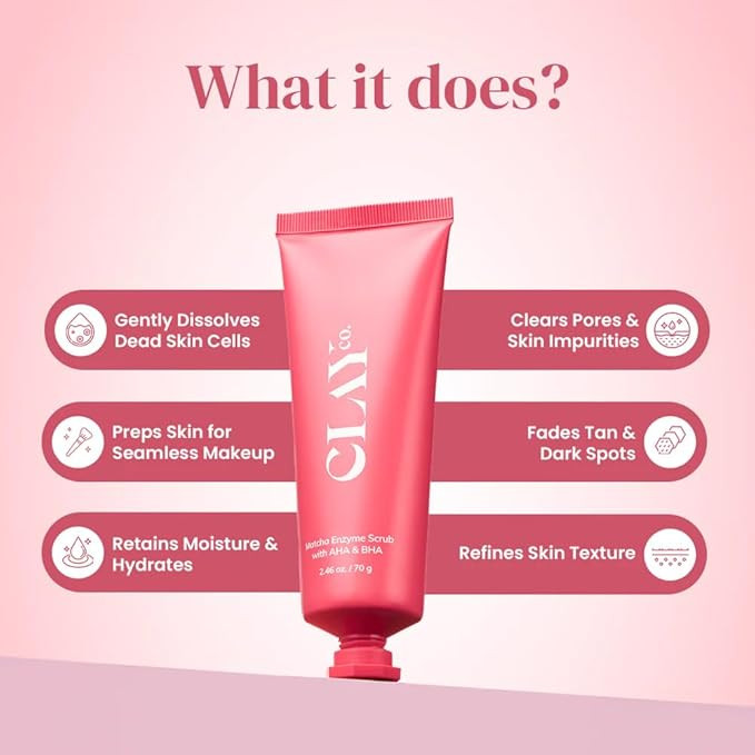 ClayCo Matcha Enzyme Scrub with AHA + BHA | Gentle Exfoliation | Deep Pore Cleanse & Brightening | 70 g