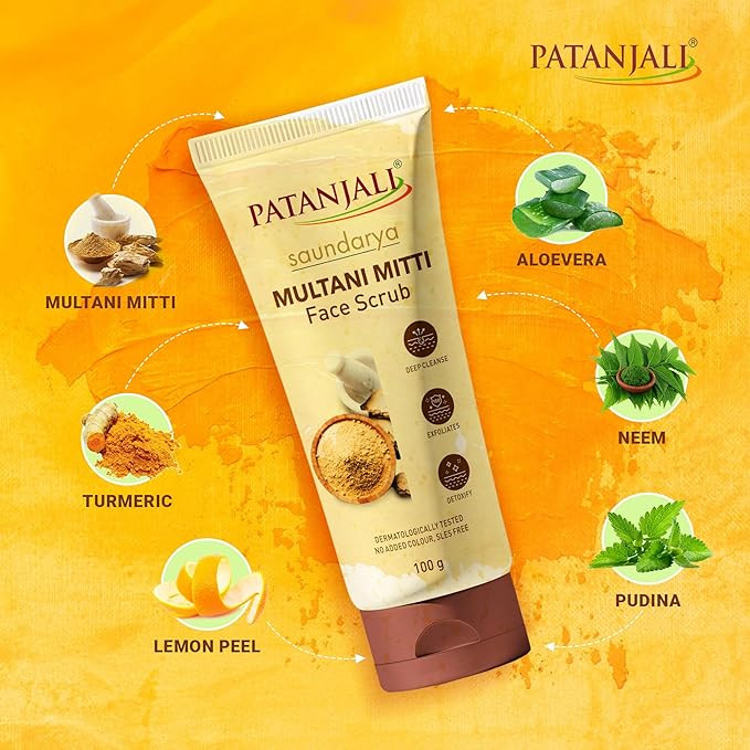 Patanjali Saundarya Multani Mitti Face Scrub 100g, Natural Skin Care Scrub for Glowing Skin Removes Dirt Oil and Impurities Suitable for All Skin Types for Smooth Skin
