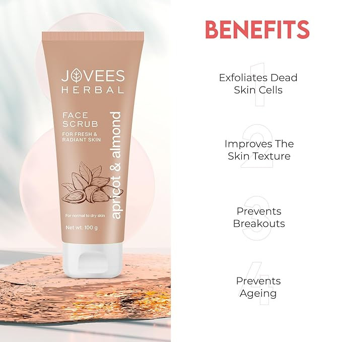 Jovees Herbal Apricot & Almond Face Scrub with Almond, Apricot & Wheatgerm Oil For Normal to Dry Skin | Gently Removes dead Skin, Anti-Pigmentation, Tan Removal, Smooth and Clear Complexation 100g