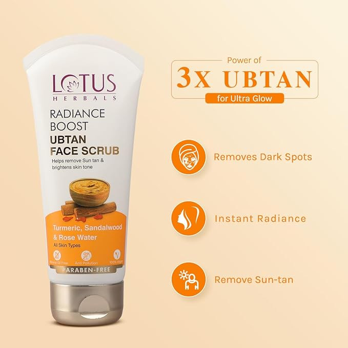 Lotus Herbals Radiance Boost Ubtan Face Scrub| Turmeric, Sandalwood and Rose Water | Glowing Skin |Reducing Dark Spots | Paraben free, Mineral Oil Free | 100gm