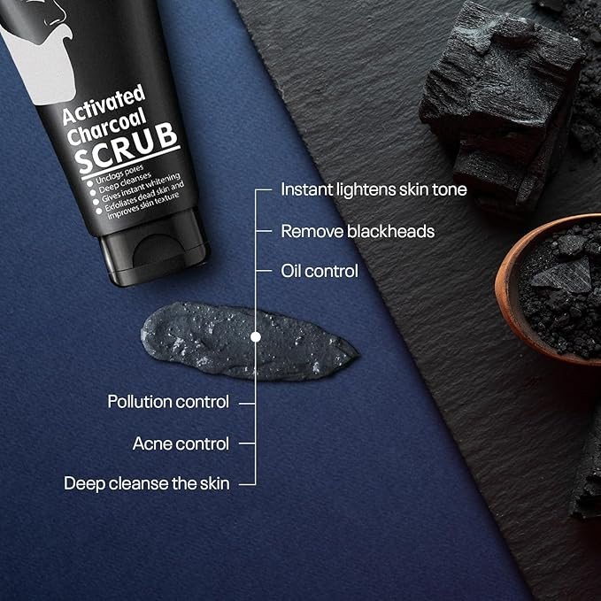Qraa Men Activated Bamboo Charcoal Scrub with Essential Oils | For Deep Pore Cleansing | Glowing Skin |Removes Dirt & Impurities | Suitable for Men of all skin types (100gm*3) Pack of 3