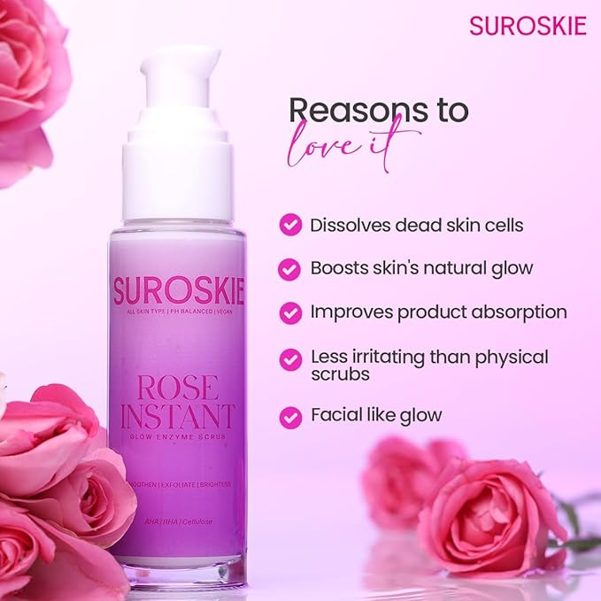 SUROSKIE Rose Instant Enzyme Face Scrub 50ml | India’s First Enzyme Scrub For Glowing Skin, Cleans Pores & Dark Spots | Clear White & Black Head | Rose, AHA+ BHA & Cellulose Extract| For Men & Women