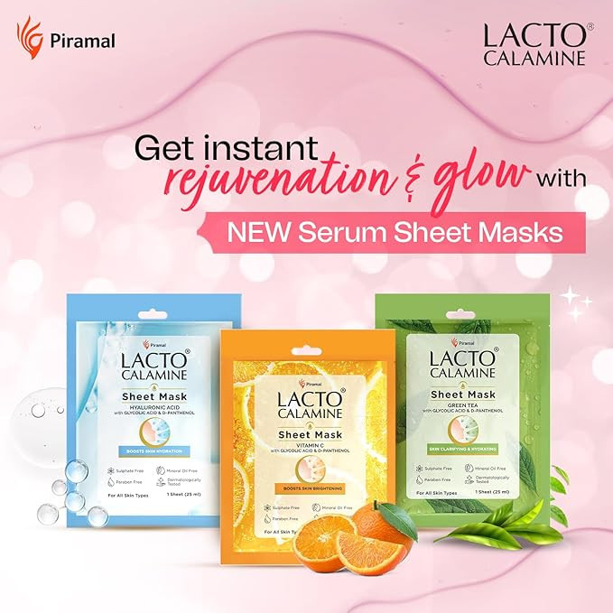 Lacto Calamine Face Sheet Masks | Combo Pack | Vitamin C, Hyaluronic Acid & Green Tea Face Sheet Masks | Brightening, Hydrating & Clarifiying | 150ml (Pack of, 6)