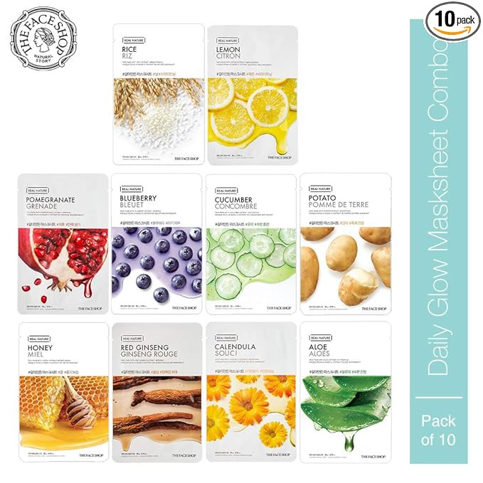 The Face Shop Real Nature Daily Glow Sheet Mask for Glowing Skin & Hydration | Facial Mask with Serum | Korean Sheet Mask For Unisex (Pack of 10) (Assorted)
