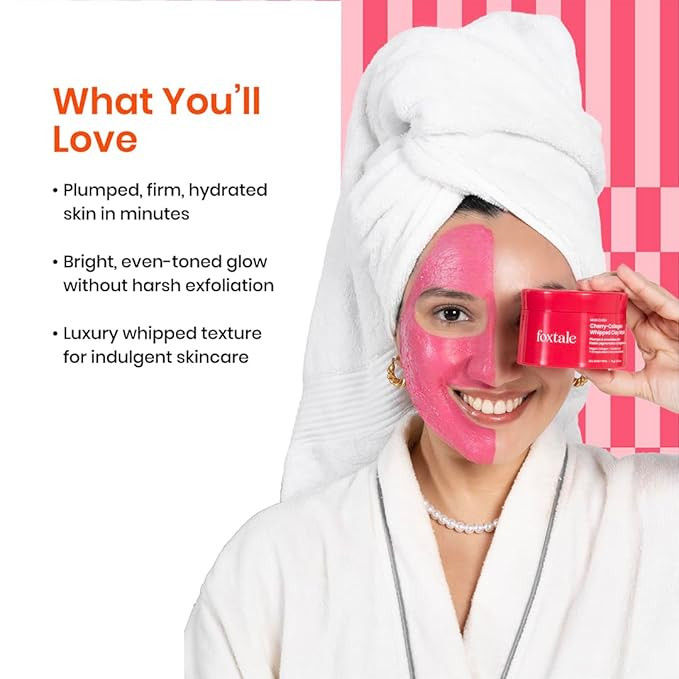 Foxtale Cherry-Collagen Whipped Clay Mask | Vegan Collagen + Glycolic Acid + PHA + Cherry Beads | Hydrates, Plumps & Firms Skin | Detoxifies Pores, Brightens & Smooths Dull, Uneven Skin | 100ml