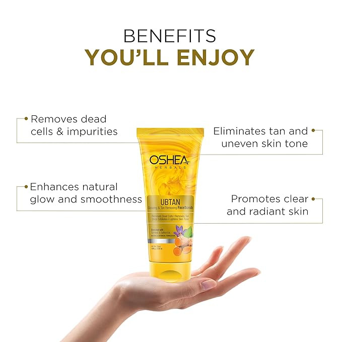 Oshea Herbals Ubtan Glowing & Tan Removing Face Scrub for All Skin Types | Lightens Skin Tone, Removes Dead Cells & Tan with Deep Exfoliate | Enriched with Turmeric & Saffron Extracts 100g